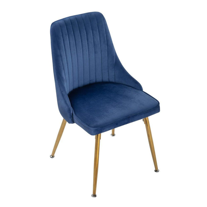 7-Piece Dining Set | Natural Wood-Look Table &amp; 6 Navy Velvet Scallop Chairs with Gold Legs | Greenora Living Australia