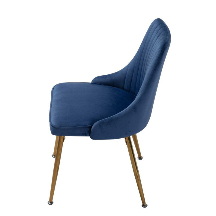 7-Piece Dining Set | Natural Wood-Look Table &amp; 6 Navy Velvet Scallop Chairs with Gold Legs | Greenora Living Australia