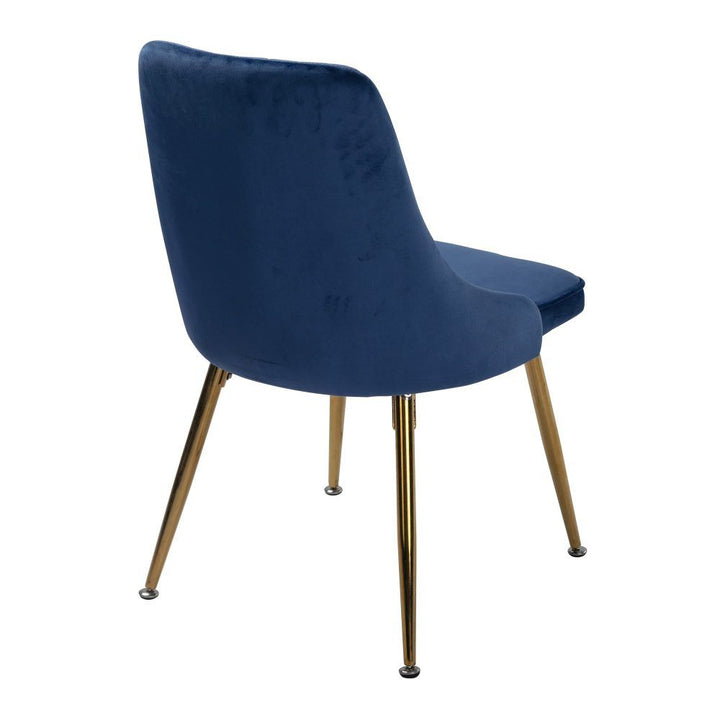 7-Piece Dining Set | Natural Wood-Look Table &amp; 6 Navy Velvet Scallop Chairs with Gold Legs | Greenora Living Australia