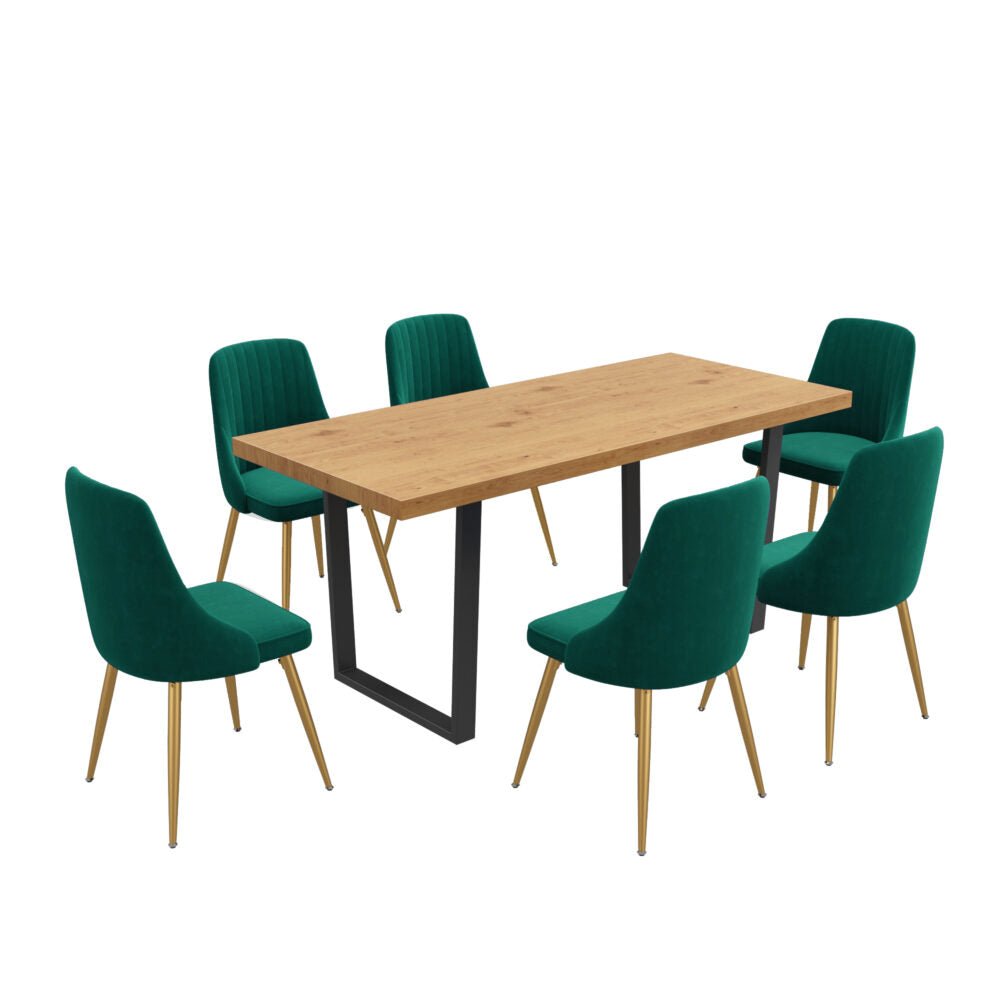 Emerald Shell 7-Piece Dining Set – Natural Wood Table & 6 Green Velvet Scallop Shell Chairs | Gold Splayed Legs | Seats 6 - Greenora Living