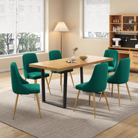 Emerald Shell 7-Piece Dining Set – Natural Wood Table & 6 Green Velvet Scallop Shell Chairs | Gold Splayed Legs | Seats 6 - Greenora Living