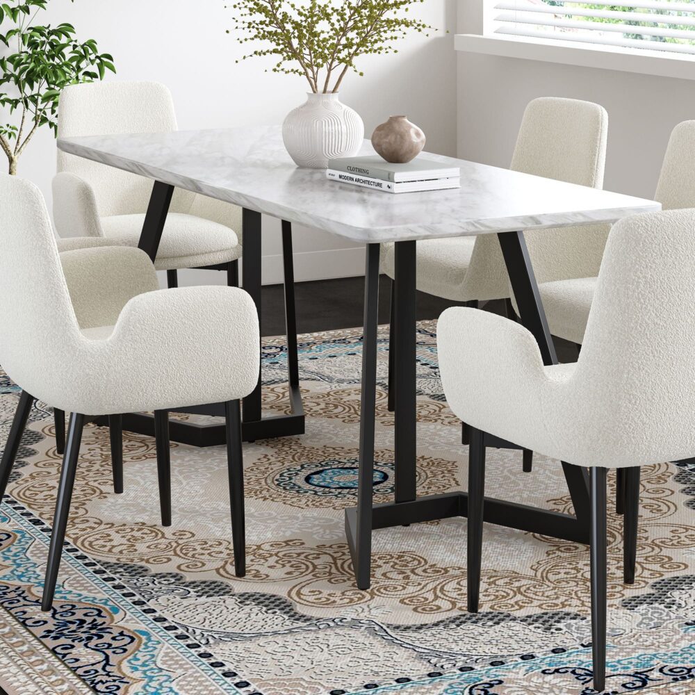 Carrara Black 170cm Rectangular Marble-Effect Dining Table – 20mm MDF Top | Black Steel Legs | Seats 6 - Greenora Living