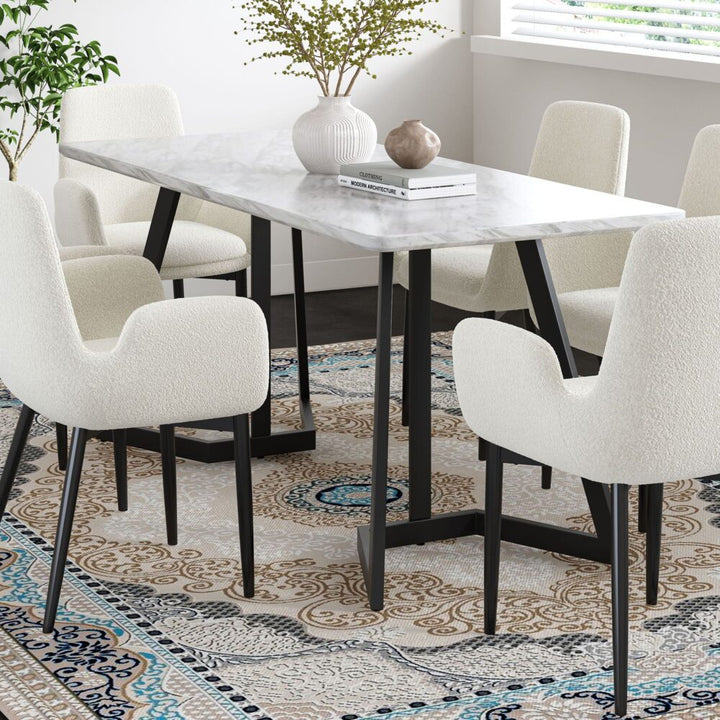Carrara Black 170cm Rectangular Marble-Effect Dining Table – 20mm MDF Top | Black Steel Legs | Seats 6 - Greenora Living