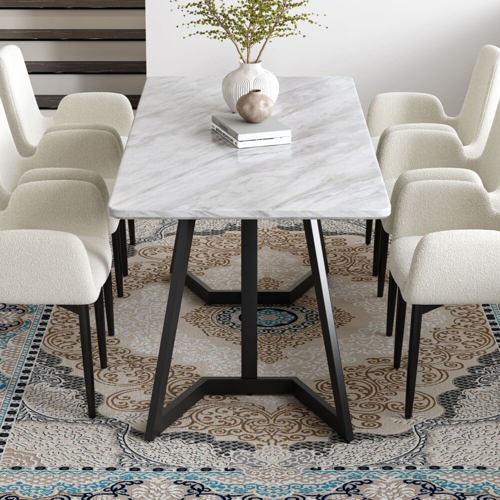 Carrara Black 170cm Rectangular Marble-Effect Dining Table – 20mm MDF Top | Black Steel Legs | Seats 6 - Greenora Living