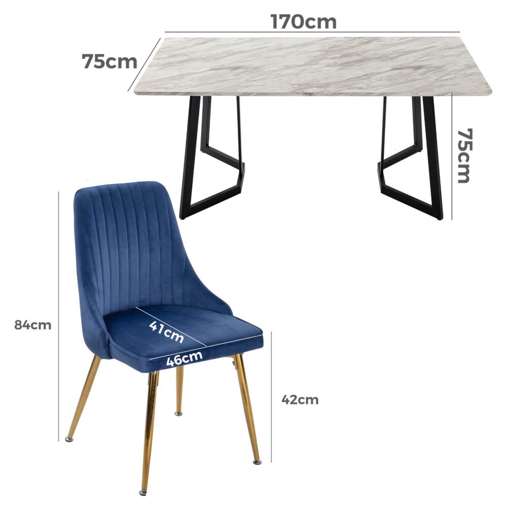 Marble-Effect Dining Table and 6 Velvet Chairs Set – Seats 6 | Blue &amp; White - Greenora Living