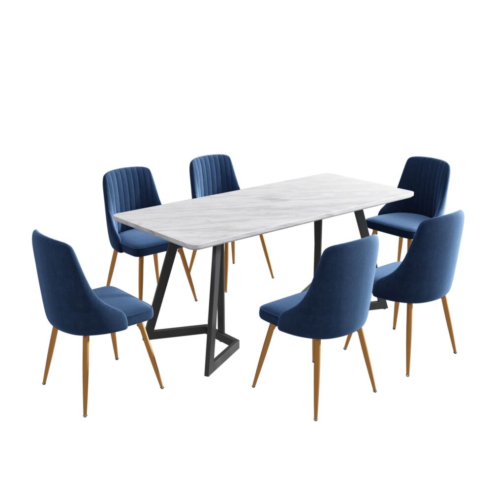 Marble-Effect Dining Table and 6 Velvet Chairs Set – Seats 6 | Blue & White - Greenora Living