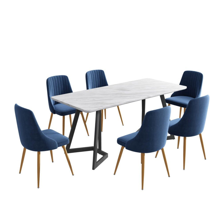 Marble-Effect Dining Table and 6 Velvet Chairs Set – Seats 6 | Blue &amp; White - Greenora Living