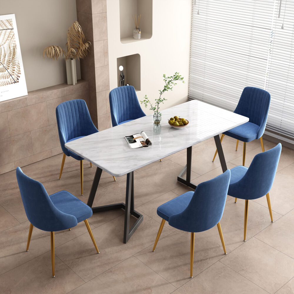Marble-Effect Dining Table and 6 Velvet Chairs Set – Seats 6 | Blue & White - Greenora Living