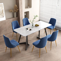 Marble-Effect Dining Table & 6 Chairs Set | Blue Velvet Seating | Greenora Living Australia