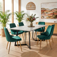 7-Piece Dining Set | White Marble-Effect Table & 6 Green Velvet Scallop Chairs with Gold Legs | Greenora Living Australia