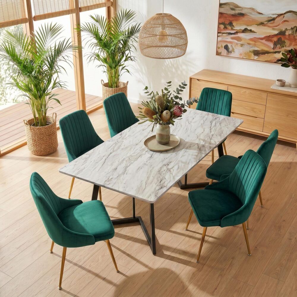 7-Piece Dining Set | White Marble-Effect Table & 6 Green Velvet Scallop Chairs with Gold Legs | Greenora Living Australia