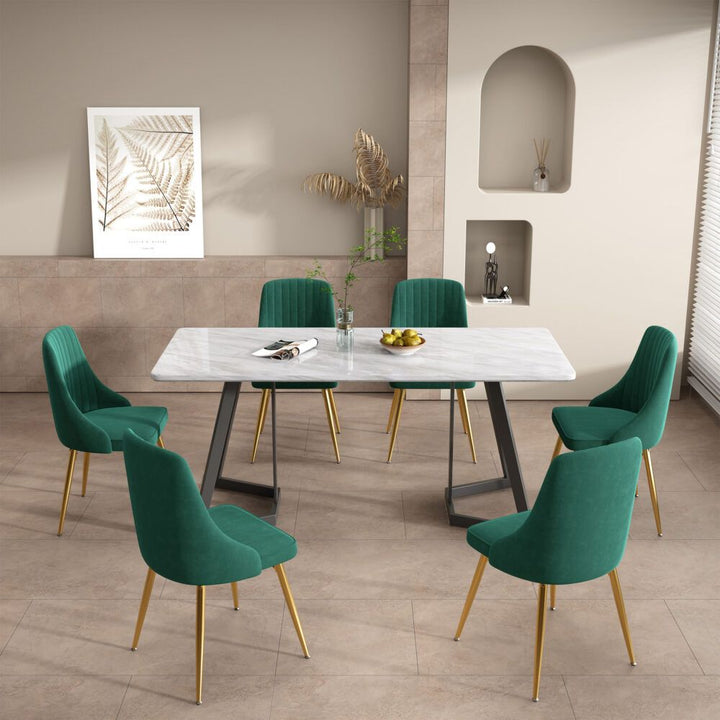 7-Piece Dining Set | White Marble-Effect Table &amp; 6 Green Velvet Scallop Chairs with Gold Legs | Greenora Living Australia