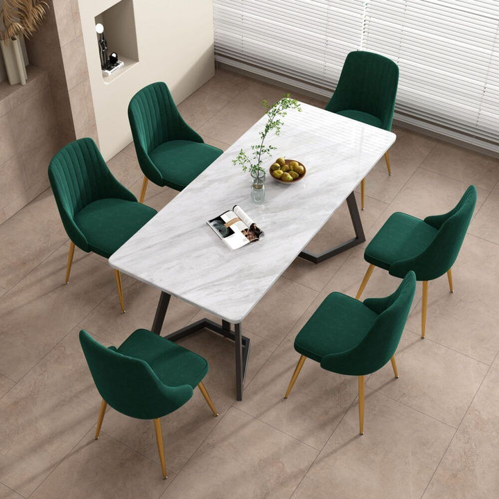 7-Piece Dining Set | White Marble-Effect Table &amp; 6 Green Velvet Scallop Chairs with Gold Legs | Greenora Living Australia