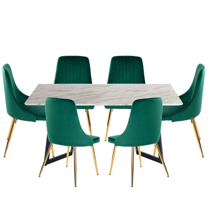 7-Piece Dining Set | White Marble-Effect Table &amp; 6 Green Velvet Scallop Chairs with Gold Legs | Greenora Living Australia