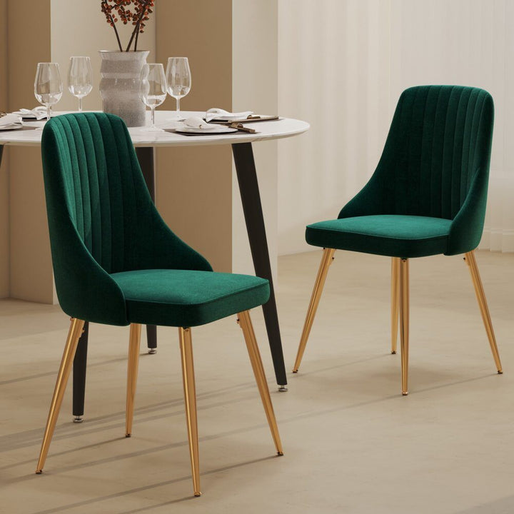 7-Piece Dining Set | White Marble-Effect Table &amp; 6 Green Velvet Scallop Chairs with Gold Legs | Greenora Living Australia