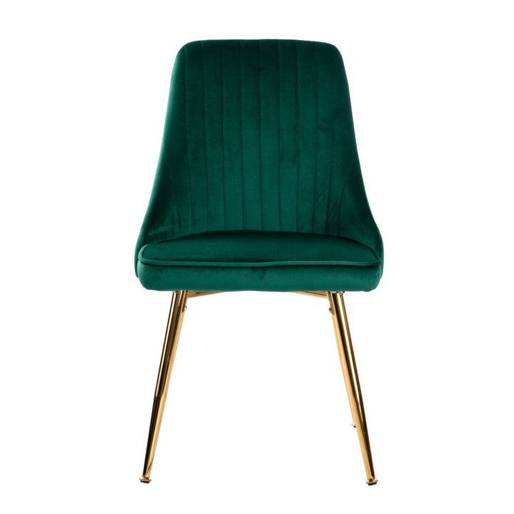 7-Piece Dining Set | White Marble-Effect Table &amp; 6 Green Velvet Scallop Chairs with Gold Legs | Greenora Living Australia