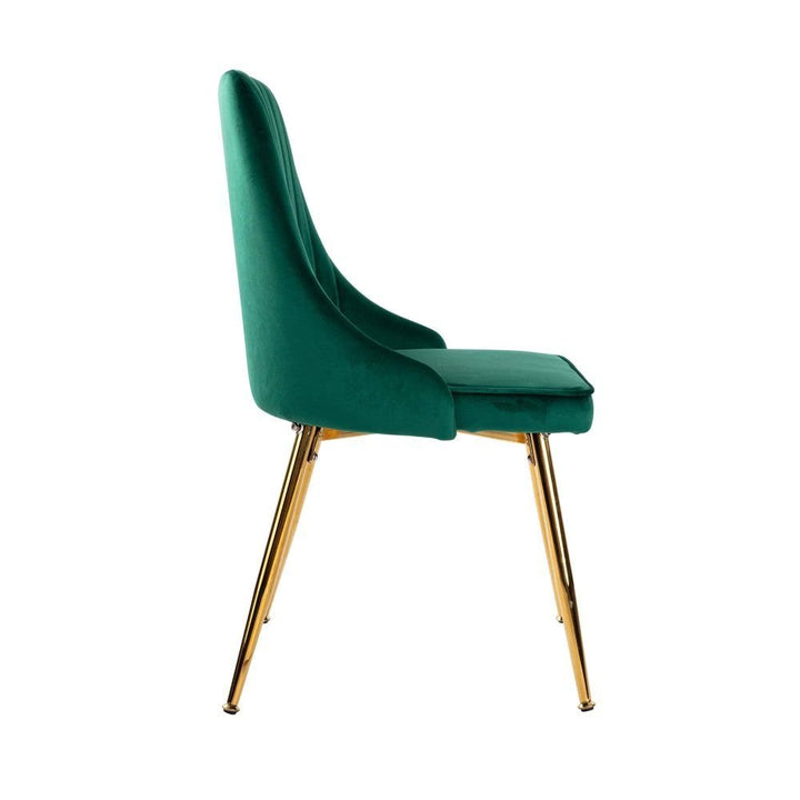 7-Piece Dining Set | White Marble-Effect Table &amp; 6 Green Velvet Scallop Chairs with Gold Legs | Greenora Living Australia
