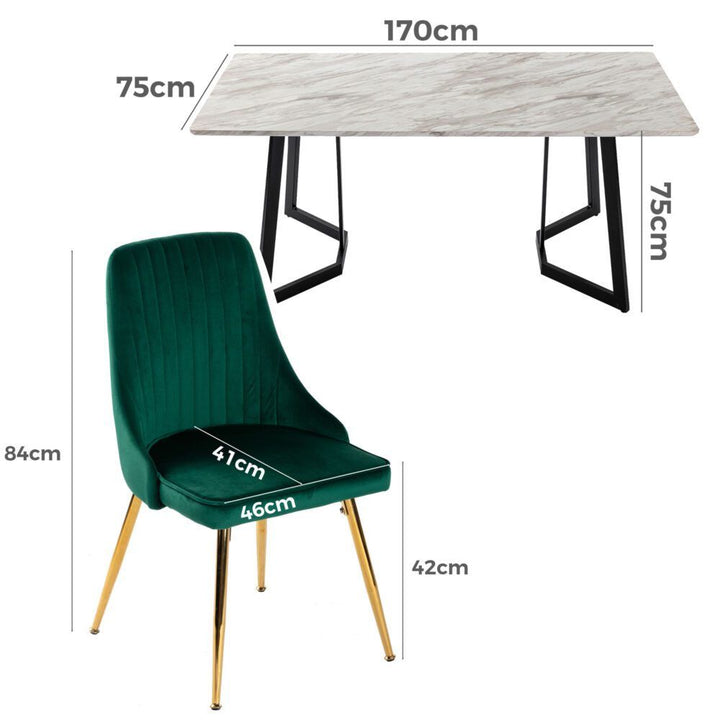 7-Piece Dining Set | White Marble-Effect Table &amp; 6 Green Velvet Scallop Chairs with Gold Legs | Greenora Living Australia
