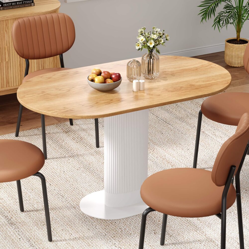 Clara Oval Dining Table – Wood Grain Veneer Top | Clad Pillar Base | Seats 4–6 | White &amp; Natural - Greenora Living