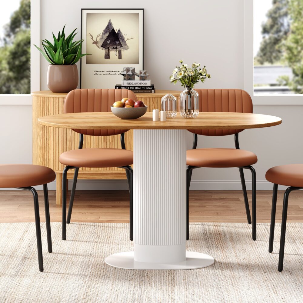 Clara Oval Dining Table – Wood Grain Veneer Top | Clad Pillar Base | Seats 4–6 | White &amp; Natural - Greenora Living