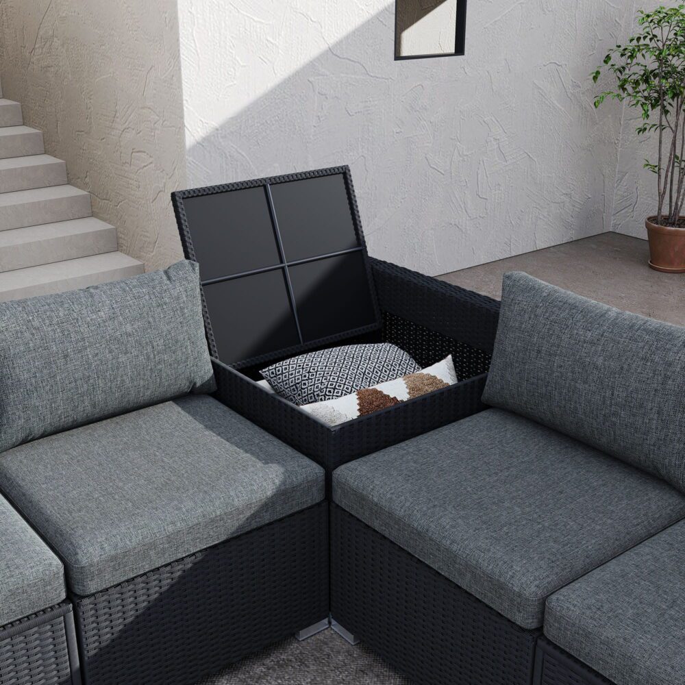 Resort-Style Modular Outdoor Lounge Set with Ottoman &amp; Tempered Glass Coffee Table | Black PE Wicker - Greenora Living