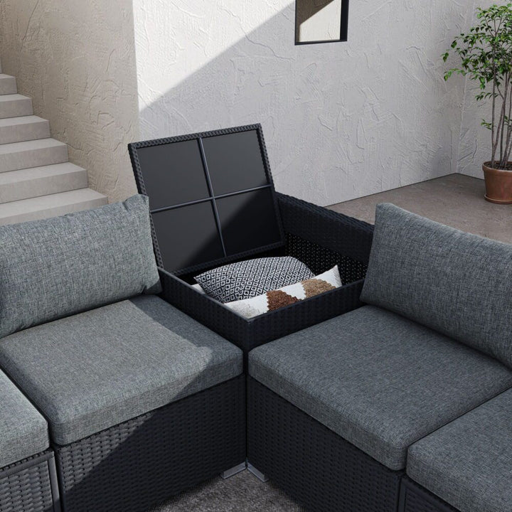 Resort-Style Modular Outdoor Lounge Set with Ottoman &amp; Tempered Glass Coffee Table | Black PE Wicker - Greenora Living