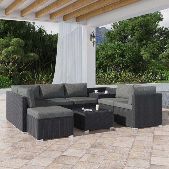 Resort-Style Modular Outdoor Lounge Set with Ottoman &amp; Tempered Glass Coffee Table | Black PE Wicker - Greenora Living
