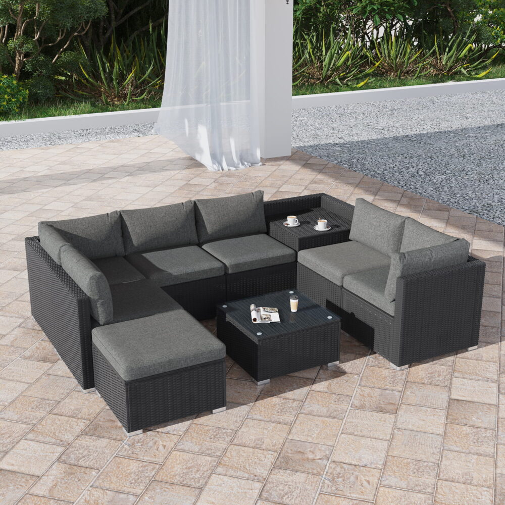 Resort-Style Modular Outdoor Lounge Set with Ottoman & Tempered Glass Coffee Table | Black PE Wicker - Greenora Living