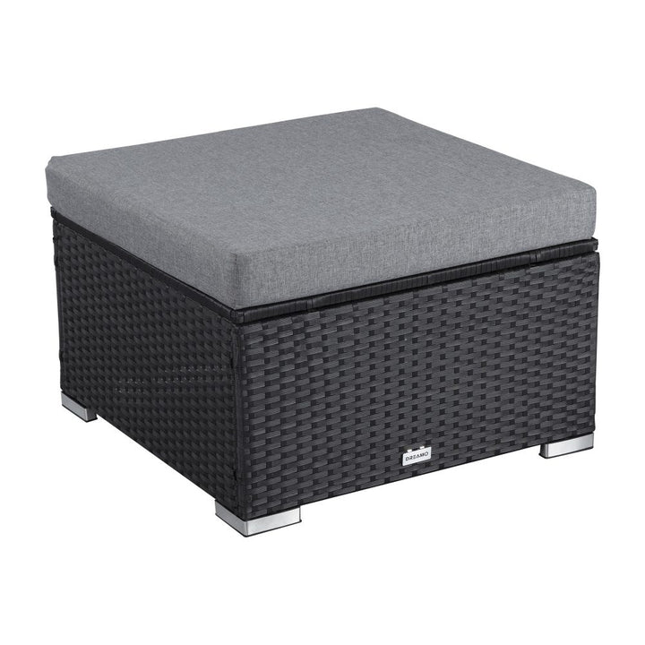Resort-Style Modular Outdoor Lounge Set with Ottoman &amp; Tempered Glass Coffee Table | Black PE Wicker - Greenora Living