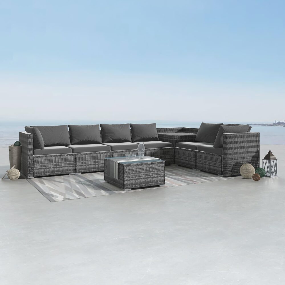 Lizard Grey 8-Piece Modular Outdoor Lounge Set with Coffee Table and Corner Storage - Greenora Living