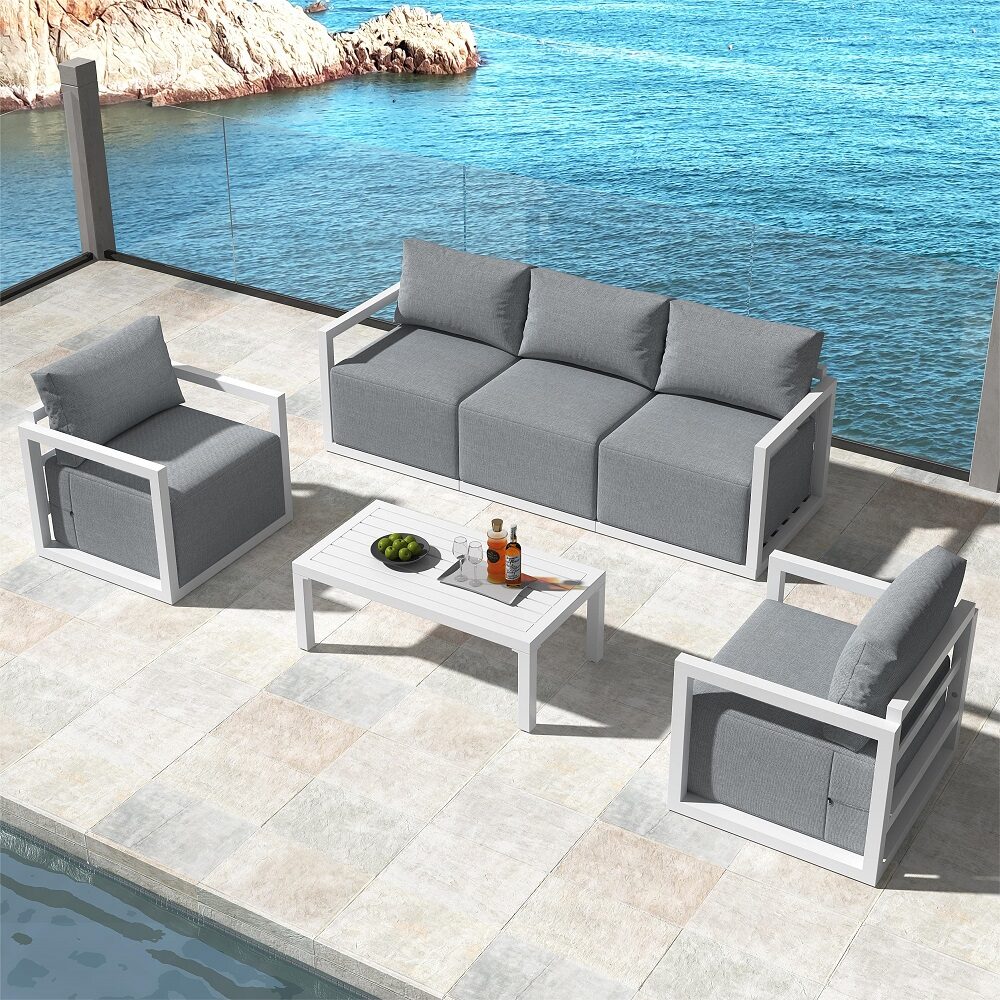 Coastal Retreat 6-Piece Deep-Seated Outdoor Patio Set – White Aluminium with Coffee Table - Greenora Living