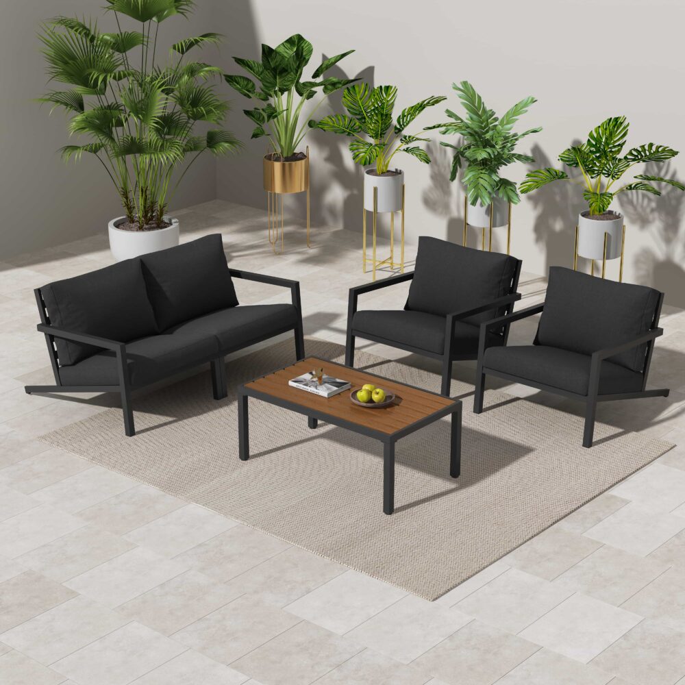 The Cinder 5-Piece Outdoor Sofa Set – Slatted Coffee Table &amp; Slate Grey Aluminium - Greenora Living