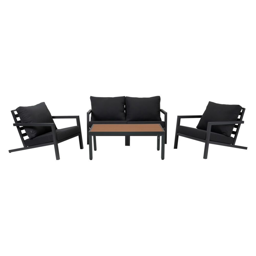 The Cinder 5-Piece Outdoor Sofa Set – Slatted Coffee Table &amp; Slate Grey Aluminium - Greenora Living