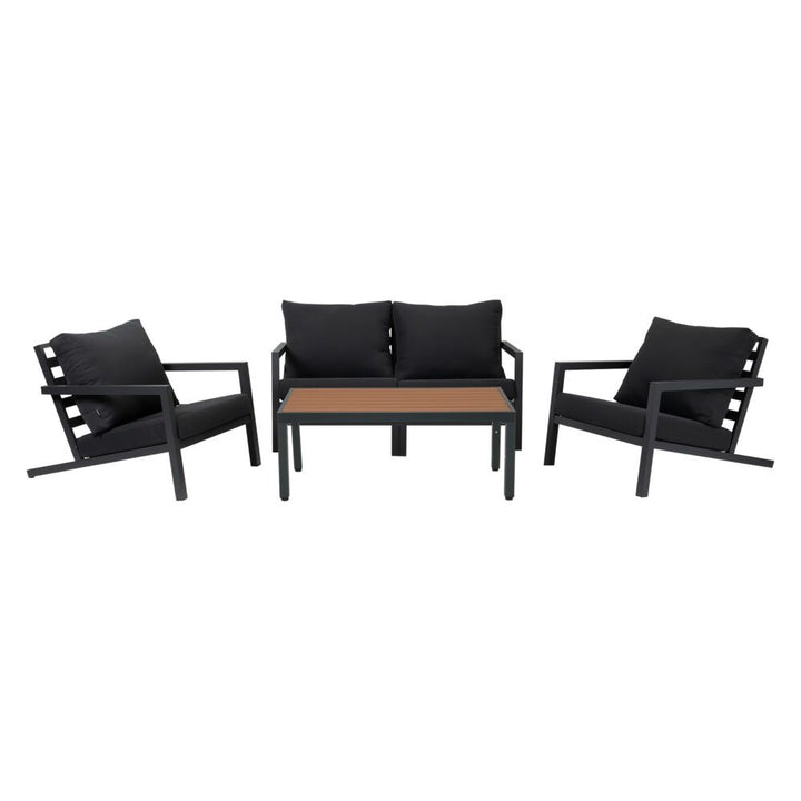 The Cinder 5-Piece Outdoor Sofa Set – Slatted Coffee Table &amp; Slate Grey Aluminium - Greenora Living