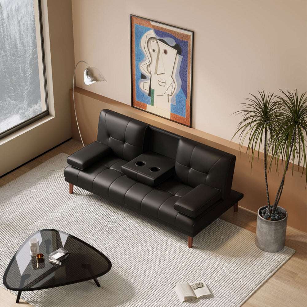 Urban Comfort 3-Seater Sofa Bed – Built-In Cup Holder Table & Click-Clack Black - Greenora Living