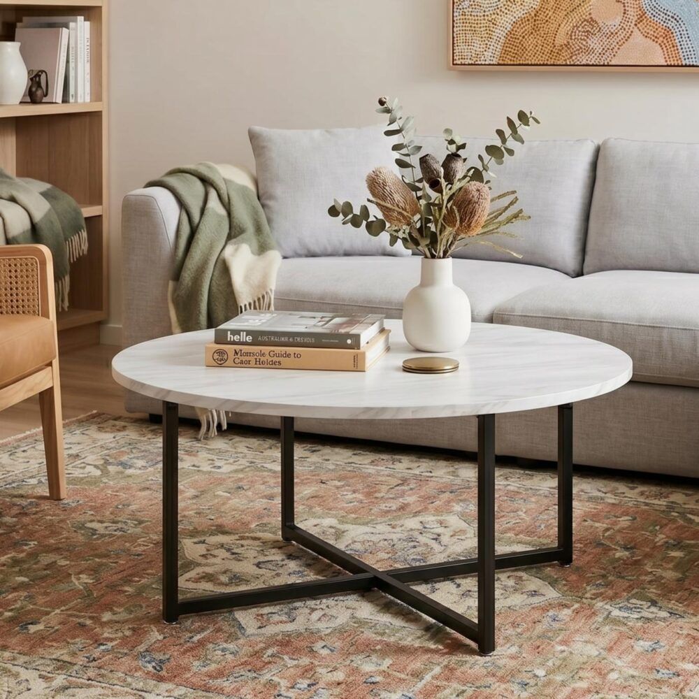 Celeste Round Marble-Effect Coffee Table – White & Black – product view 2