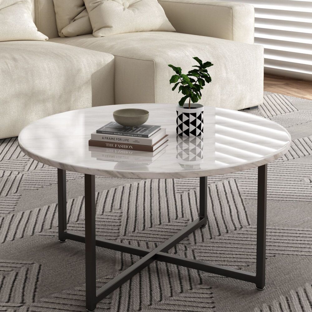 Celeste Round Marble-Effect Coffee Table – White &amp; Black – product view 4