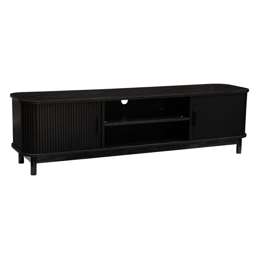 Rib &amp; Curve 160cm Black TV Entertainment Unit – Ribbed Oval Frame &amp; 2-Door Storage - Greenora Living