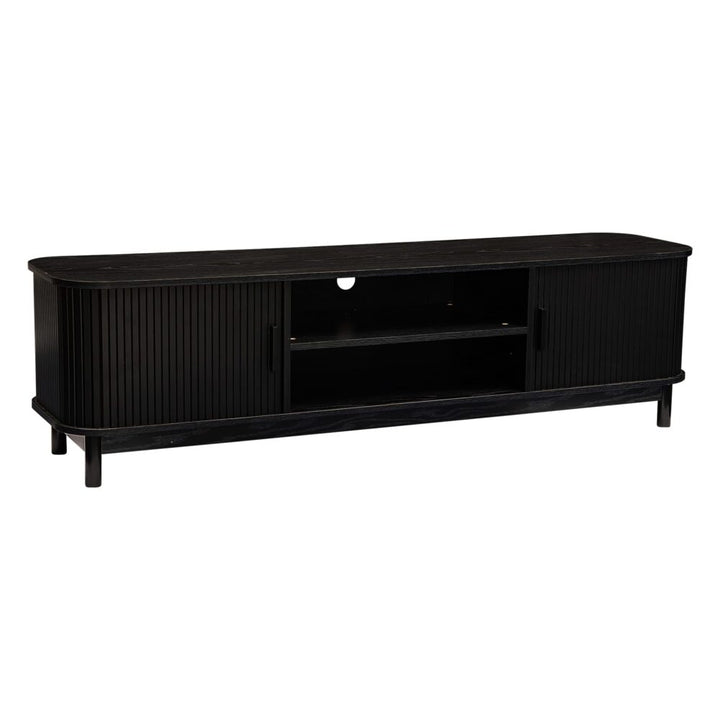 Rib &amp; Curve 160cm Black TV Entertainment Unit – Ribbed Oval Frame &amp; 2-Door Storage - Greenora Living