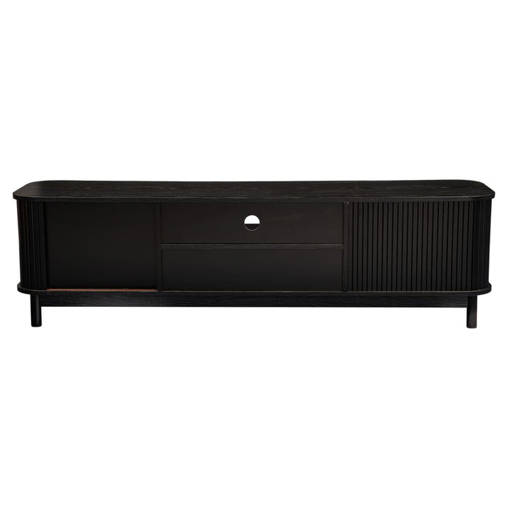 Rib &amp; Curve 160cm Black TV Entertainment Unit – Ribbed Oval Frame &amp; 2-Door Storage - Greenora Living
