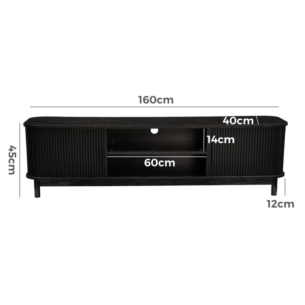 Rib &amp; Curve 160cm Black TV Entertainment Unit – Ribbed Oval Frame &amp; 2-Door Storage - Greenora Living