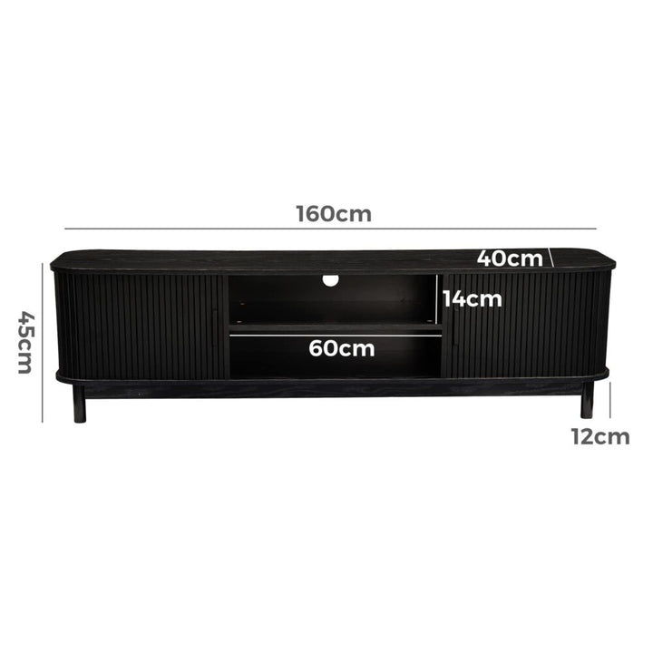 Rib &amp; Curve 160cm Black TV Entertainment Unit – Ribbed Oval Frame &amp; 2-Door Storage - Greenora Living