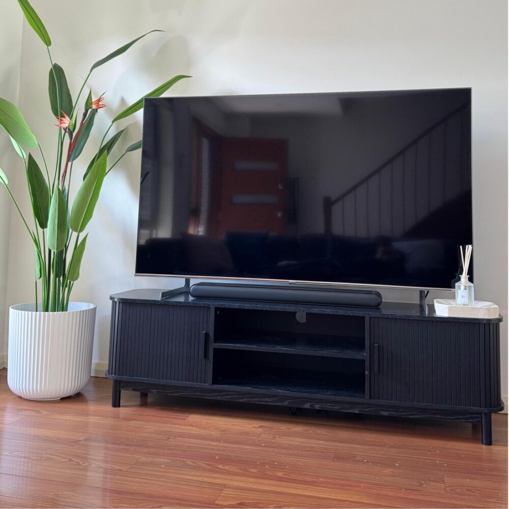 Rib &amp; Curve 160cm Black TV Entertainment Unit – Ribbed Oval Frame &amp; 2-Door Storage - Greenora Living
