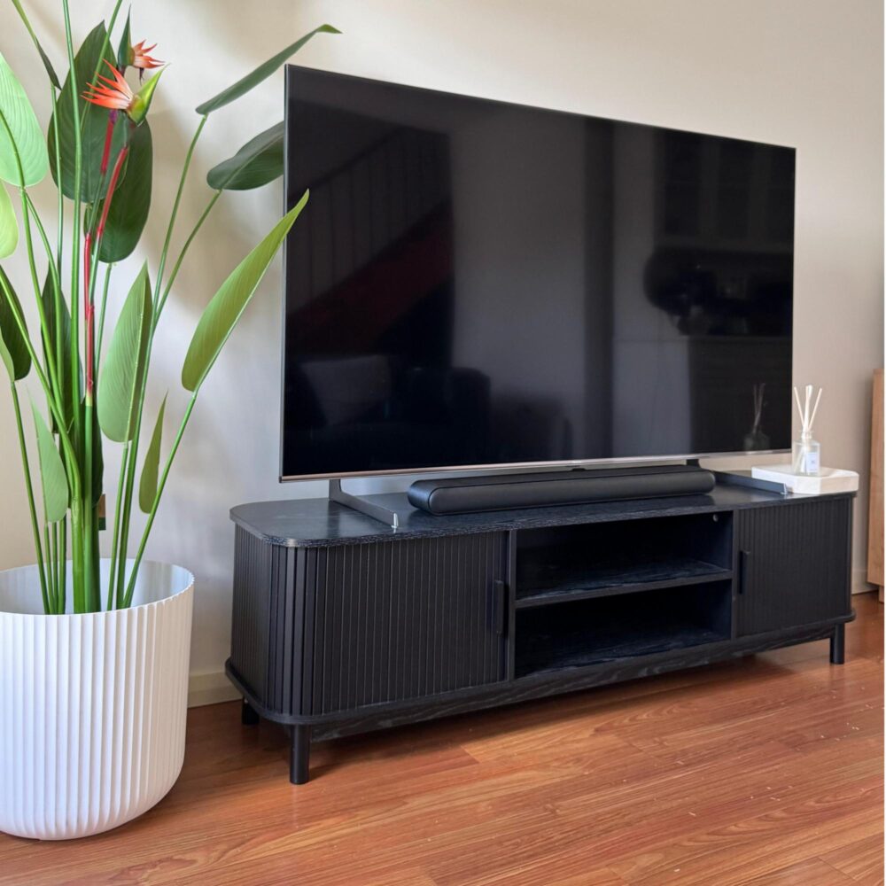 Rib &amp; Curve 160cm Black TV Entertainment Unit – Ribbed Oval Frame &amp; 2-Door Storage - Greenora Living