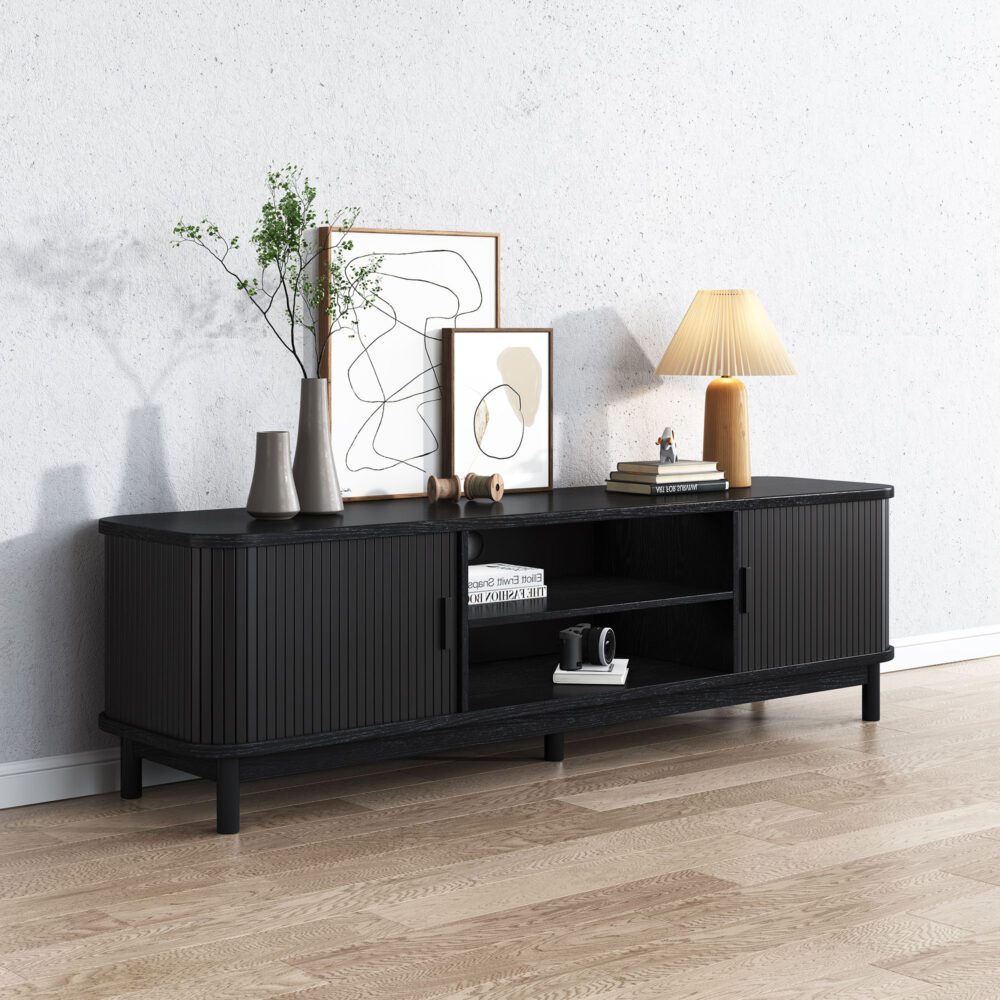 Rib & Curve 160cm Black TV Entertainment Unit – Ribbed Oval Frame & 2-Door Storage - Greenora Living