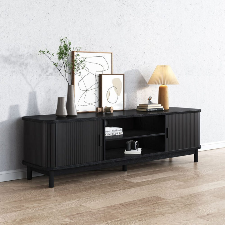 Rib &amp; Curve 160cm Black TV Entertainment Unit – Ribbed Oval Frame &amp; 2-Door Storage - Greenora Living