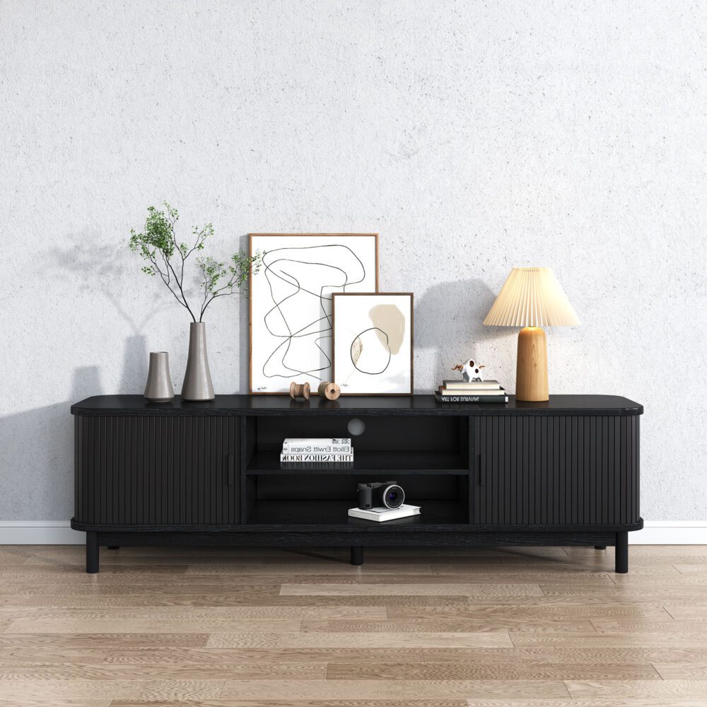 Rib & Curve 160cm Black TV Entertainment Unit – Ribbed Oval Frame & 2-Door Storage - Greenora Living