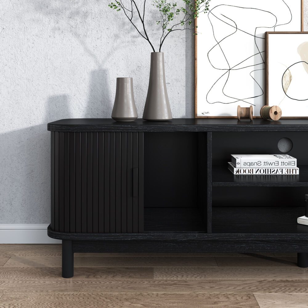 Rib &amp; Curve 160cm Black TV Entertainment Unit – Ribbed Oval Frame &amp; 2-Door Storage - Greenora Living