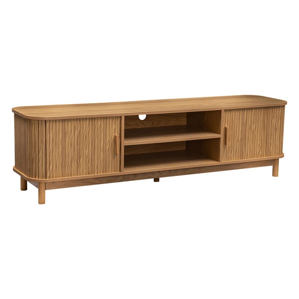 Rib &amp; Curve 160cm Natural TV Entertainment Unit – Ribbed Oval Frame &amp; 2-Door Storage - Greenora Living