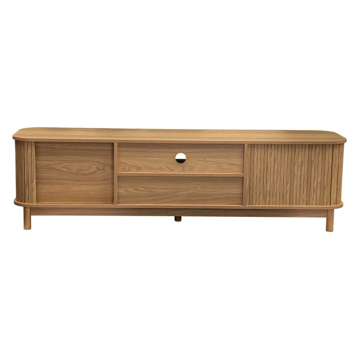 Rib &amp; Curve 160cm Natural TV Entertainment Unit – Ribbed Oval Frame &amp; 2-Door Storage - Greenora Living